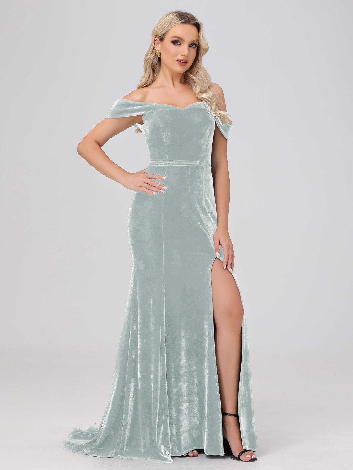 Mermaid Off the Shoulder Zipper Back Velvet Bridesmaid Dresses with Slit