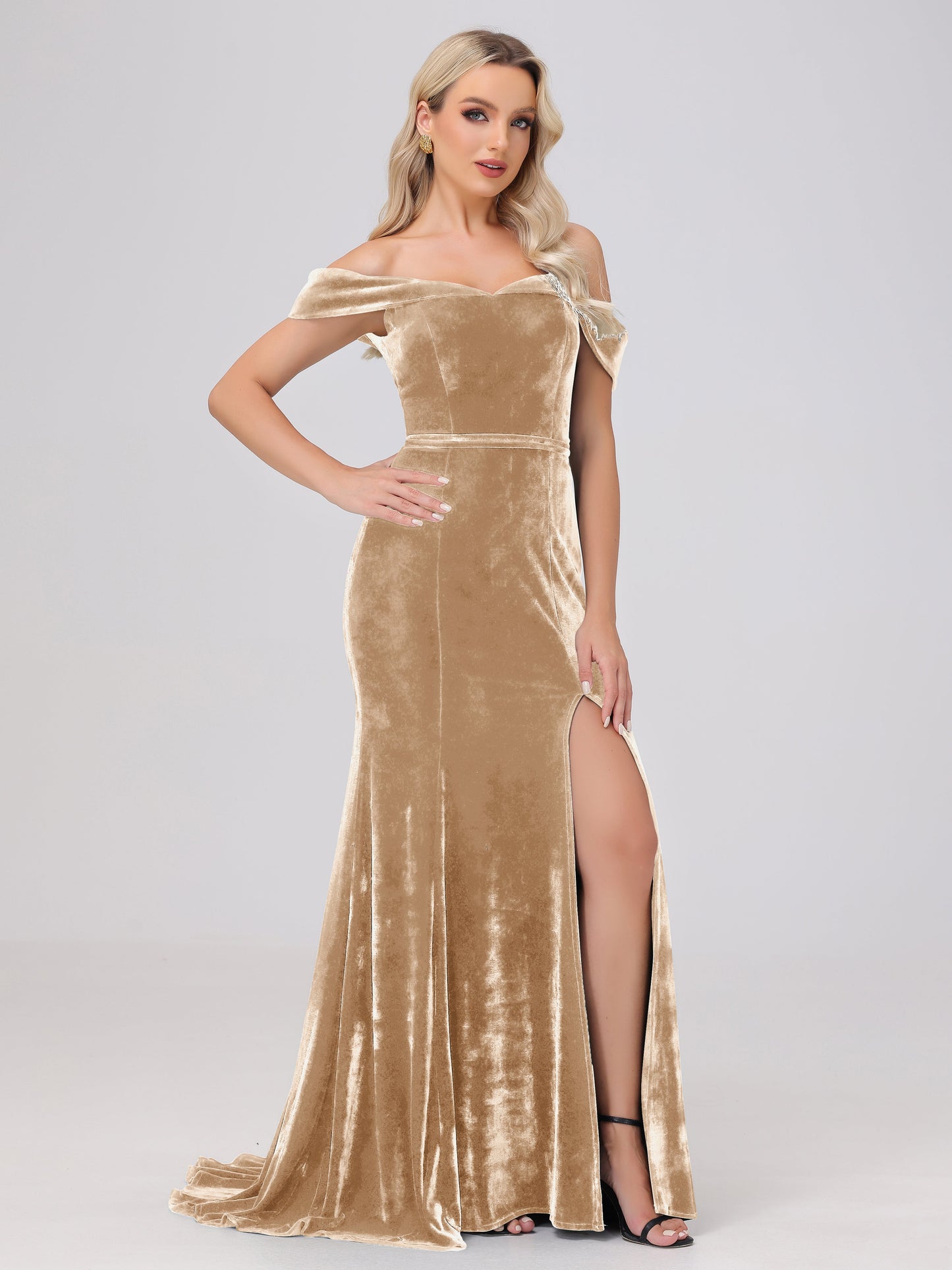 Mermaid Off the Shoulder Zipper Back Velvet Bridesmaid Dresses with Slit