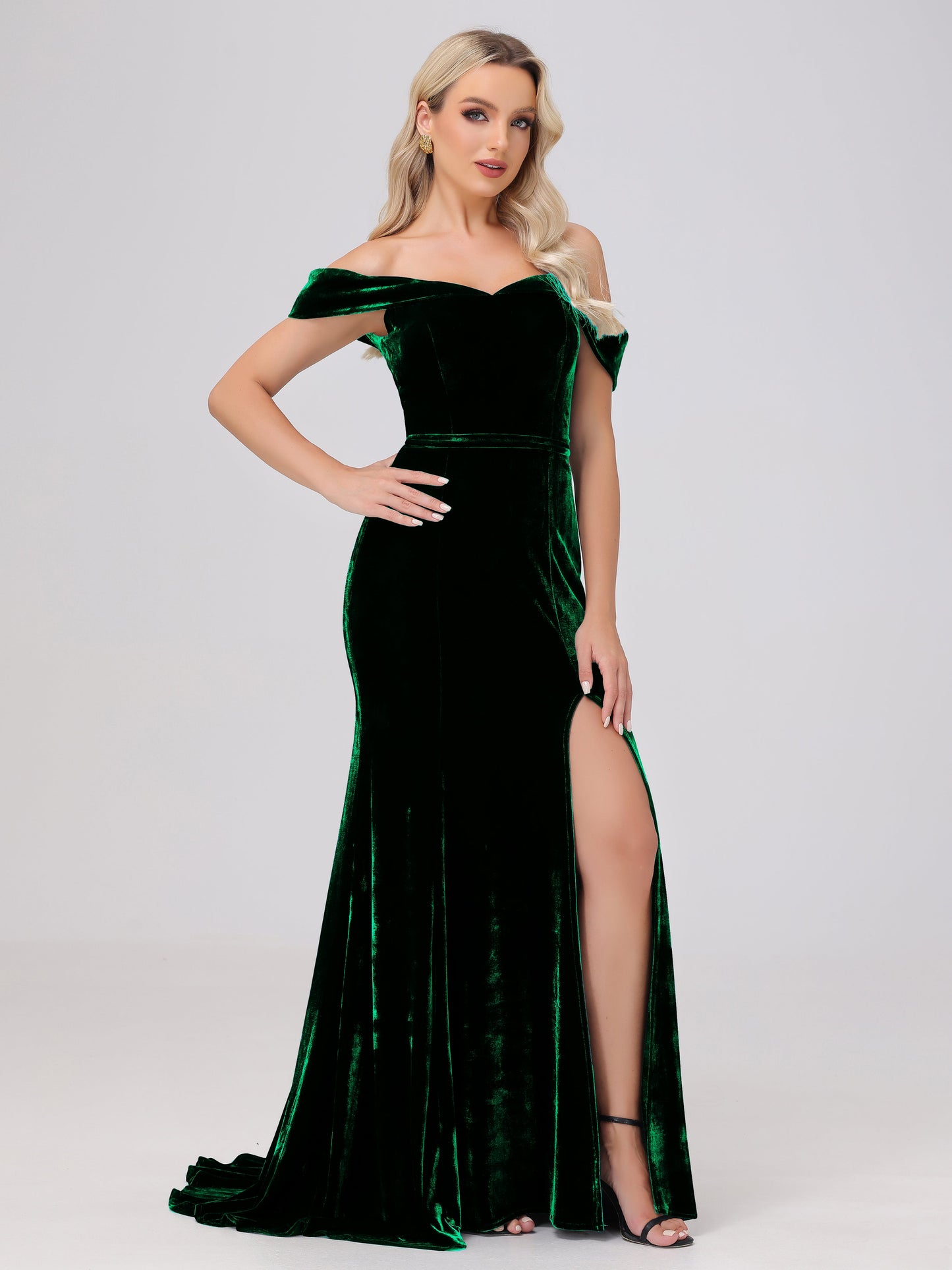 Mermaid Off the Shoulder Zipper Back Velvet Bridesmaid Dresses with Slit