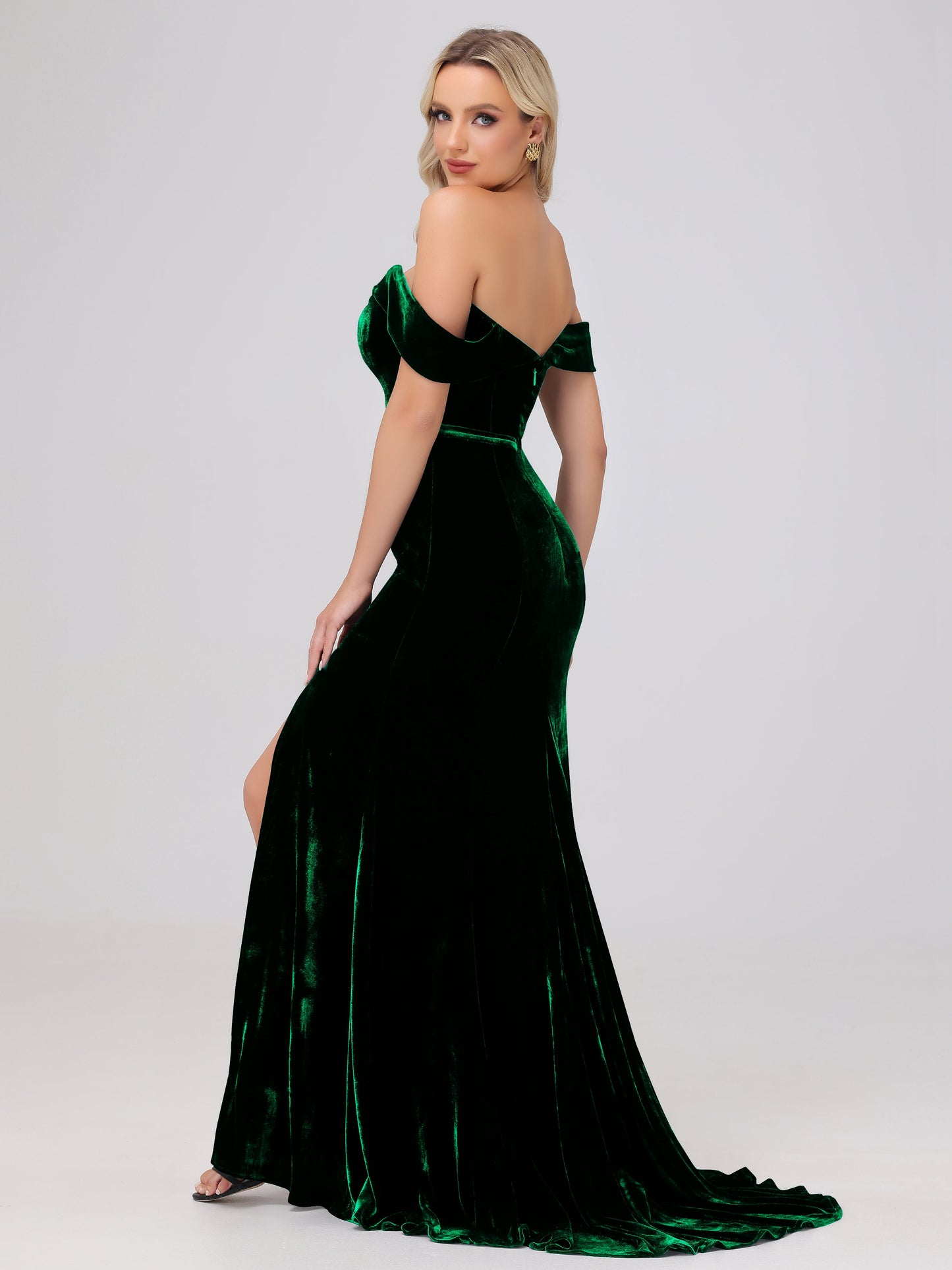Mermaid Off the Shoulder Zipper Back Velvet Bridesmaid Dresses with Slit