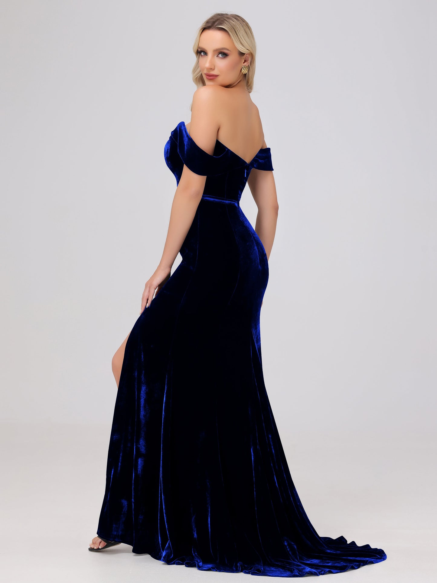 Mermaid Off the Shoulder Zipper Back Velvet Bridesmaid Dresses with Slit
