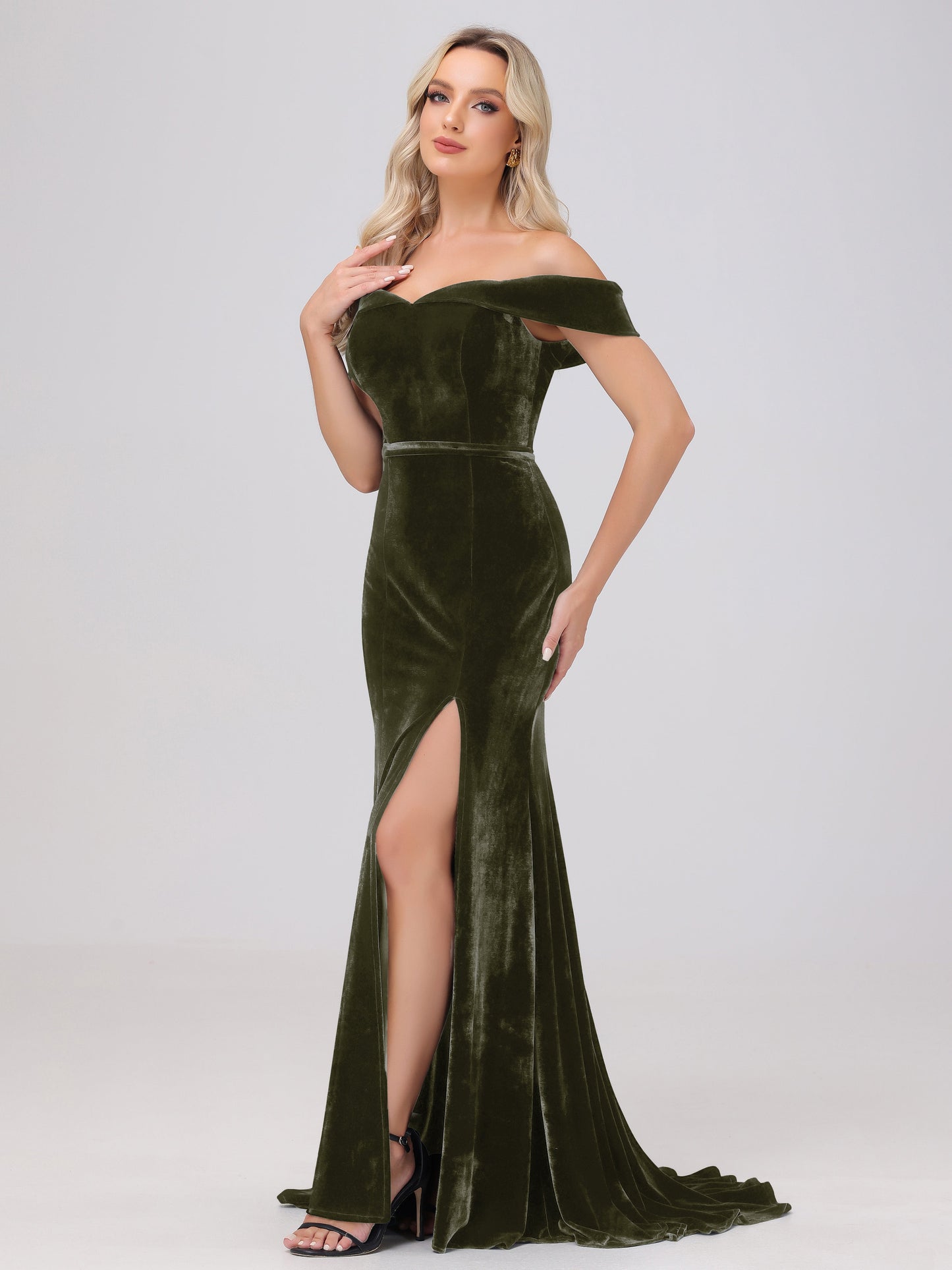 Mermaid Off the Shoulder Zipper Back Velvet Bridesmaid Dresses with Slit