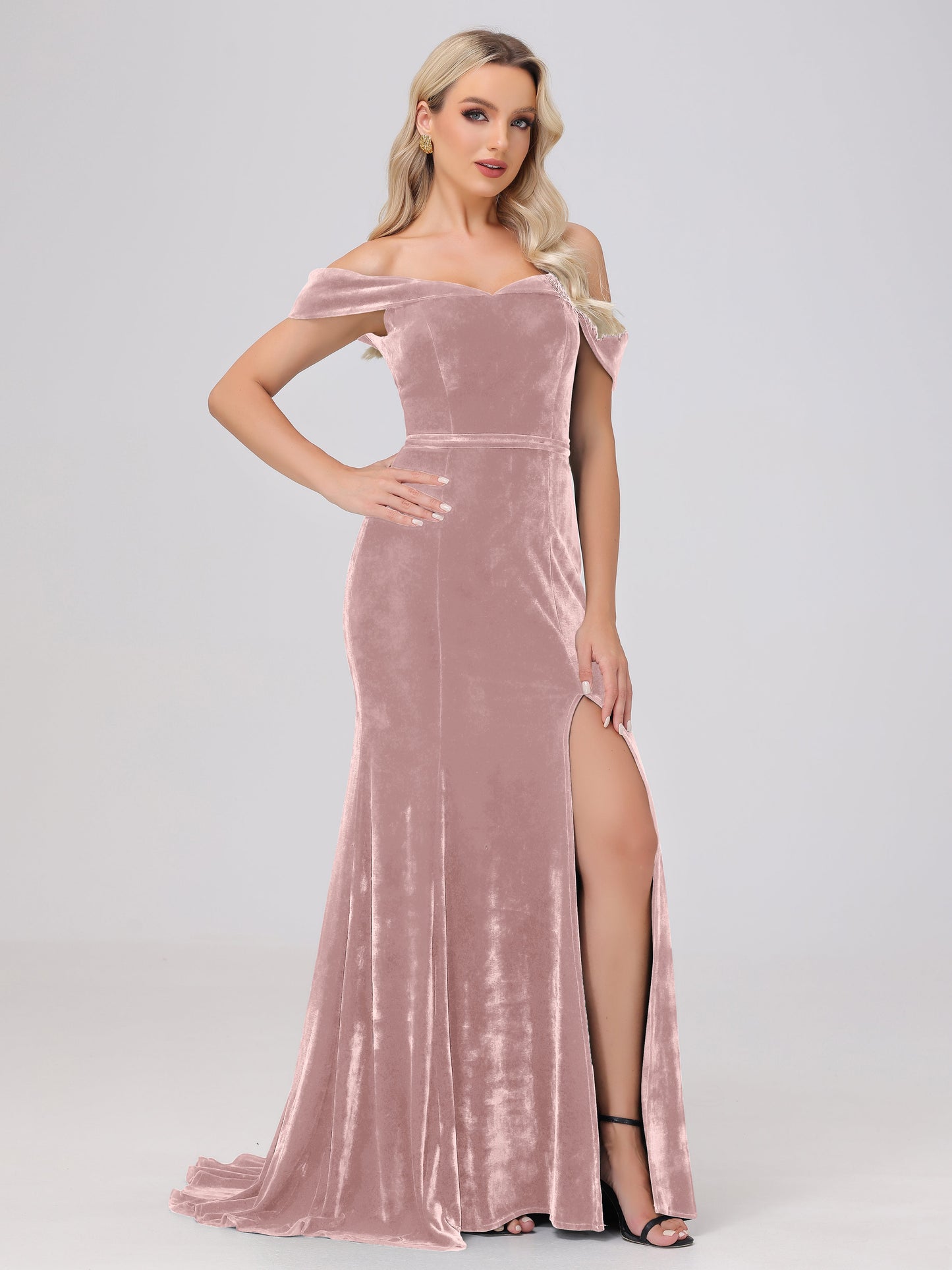 Mermaid Off the Shoulder Zipper Back Velvet Bridesmaid Dresses with Slit