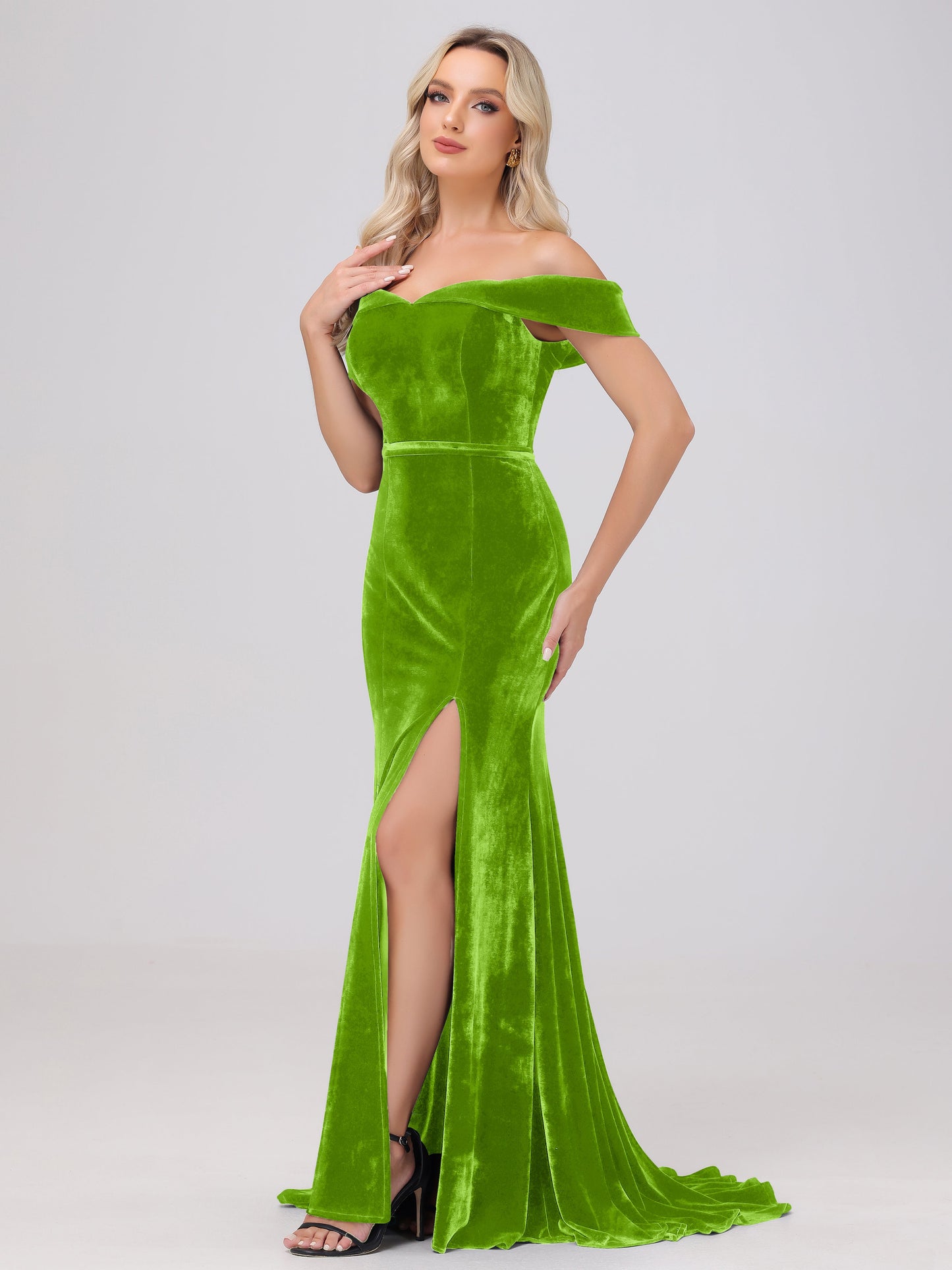 Mermaid Off the Shoulder Zipper Back Velvet Bridesmaid Dresses with Slit