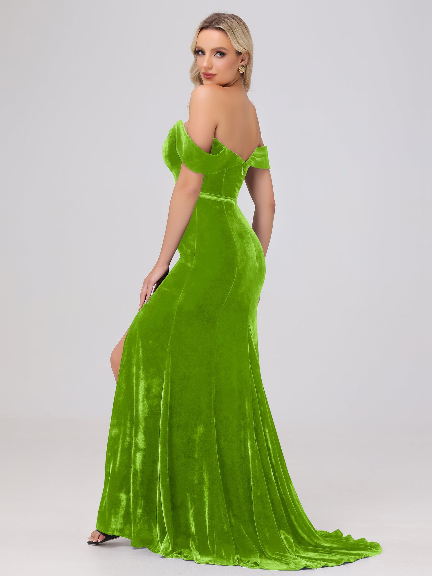 Mermaid Off the Shoulder Zipper Back Velvet Bridesmaid Dresses with Slit