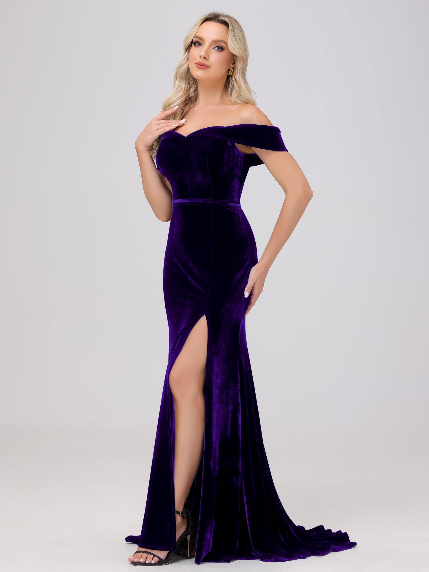 Mermaid Off the Shoulder Zipper Back Velvet Bridesmaid Dresses with Slit