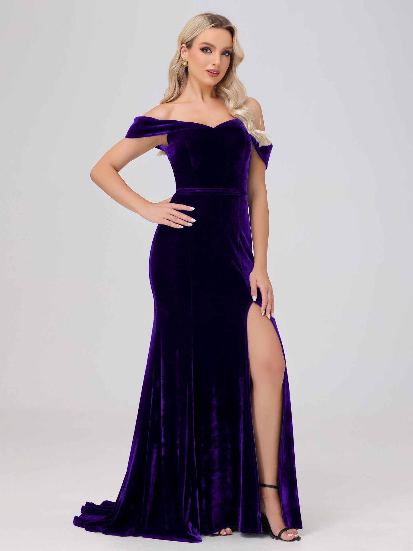 Mermaid Off the Shoulder Zipper Back Velvet Bridesmaid Dresses with Slit