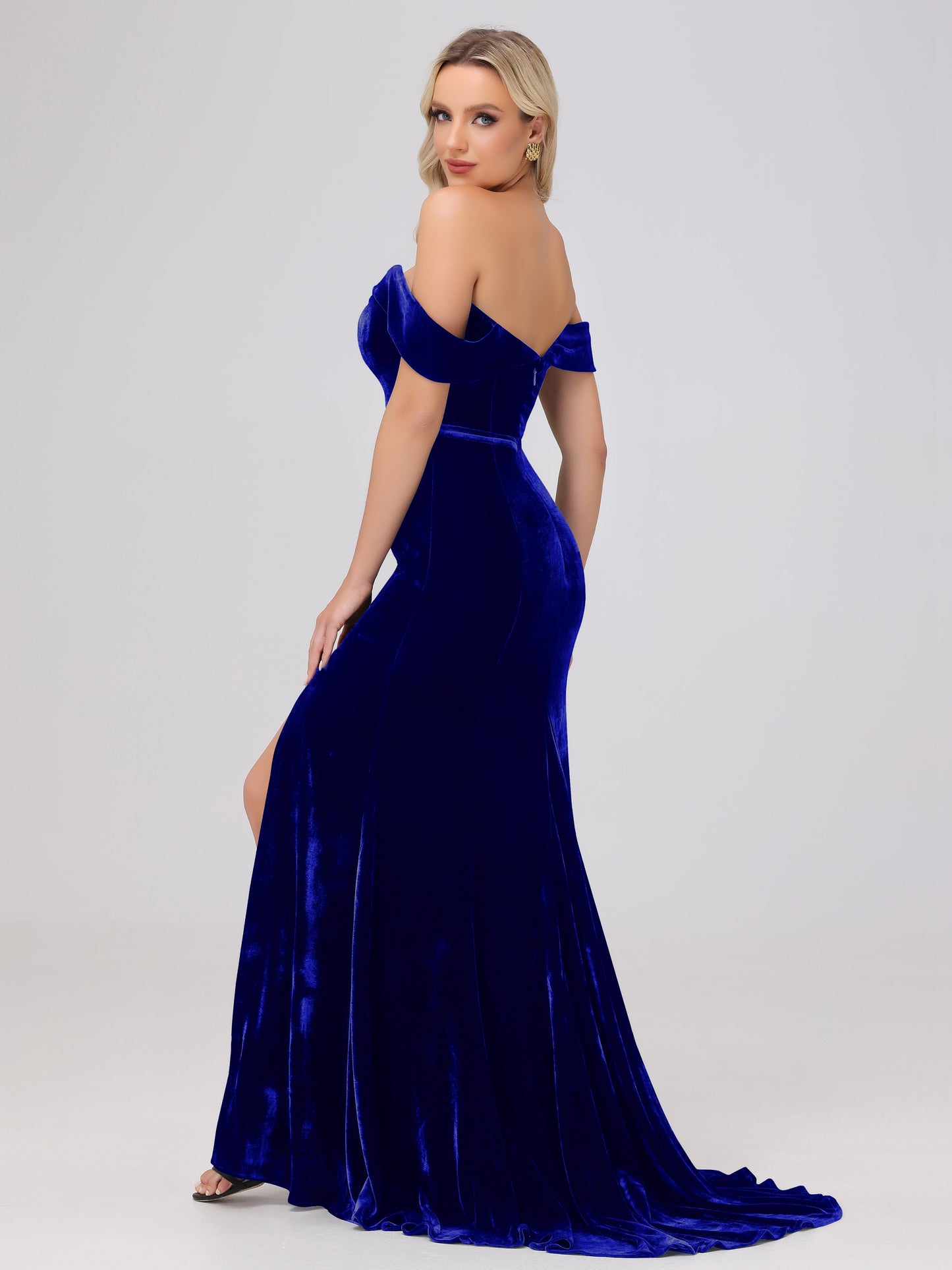 Mermaid Off the Shoulder Zipper Back Velvet Bridesmaid Dresses with Slit