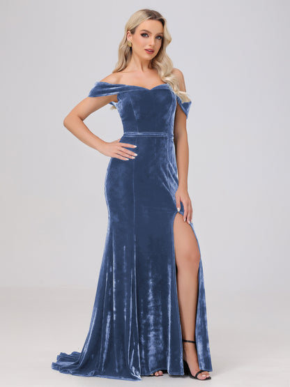 Mermaid Off the Shoulder Zipper Back Velvet Bridesmaid Dresses with Slit