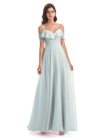 Miya A-line Floor Length Spaghetti Straps Ruffles Long Bridesmaid Dresses