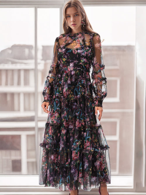Mock Neck Floral Long Sleeves Tulle Tiered Ruffle Bridesmaid Dresses