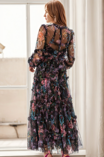 Mock Neck Floral Long Sleeves Tulle Tiered Ruffle Bridesmaid Dresses