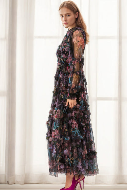 Mock Neck Floral Long Sleeves Tulle Tiered Ruffle Bridesmaid Dresses