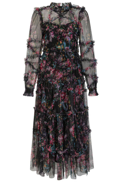 Mock Neck Floral Long Sleeves Tulle Tiered Ruffle Bridesmaid Dresses