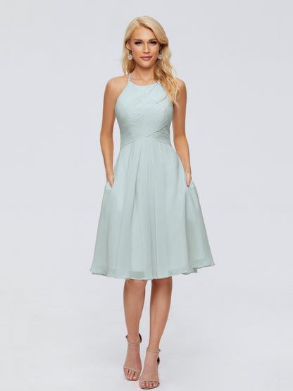 Molly Halter Knee Length Chiffon Bridesmaid Dresses With Pockets