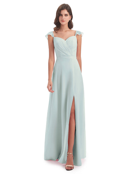 Mylah Sheath Cap Sleeves Split Chiffon Long Bridesmaid Dresses