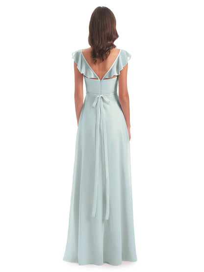 Mylah Sheath Cap Sleeves Split Chiffon Long Bridesmaid Dresses