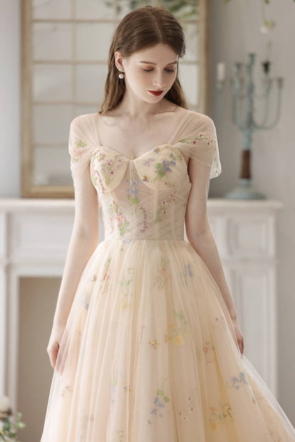 Sweetheart Champagne Floral Corset Long Prom Dress