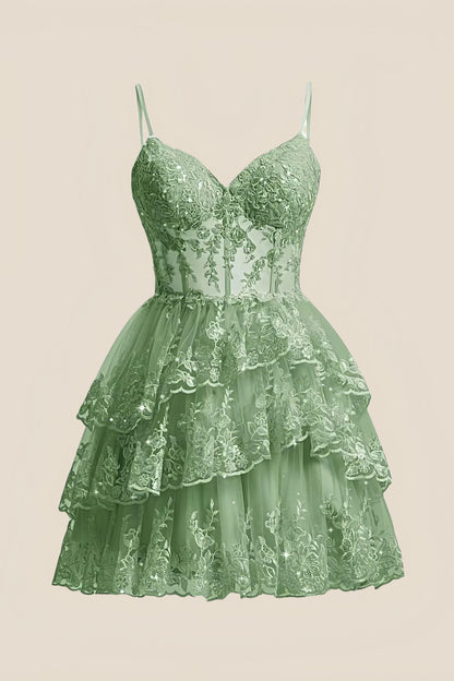 Straps Sage Green Tiered Layered Short Princess Dress