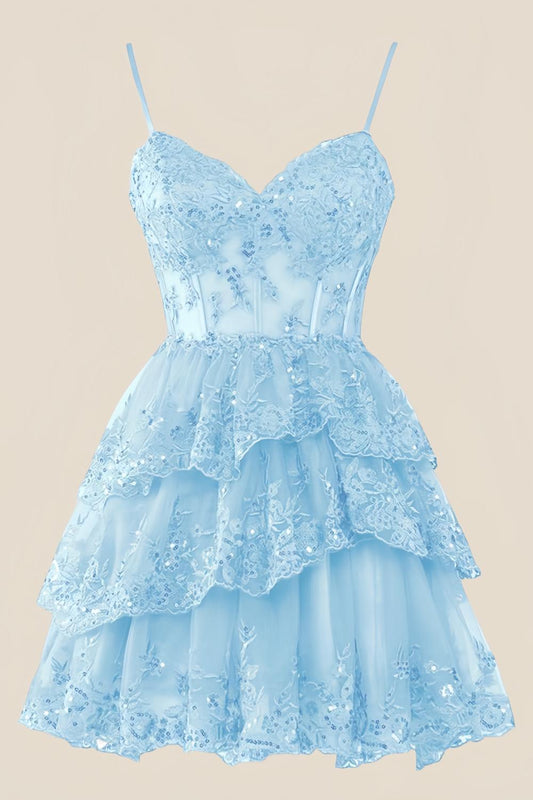 Straps Light Blue Tiered Layered Short Princess Dress