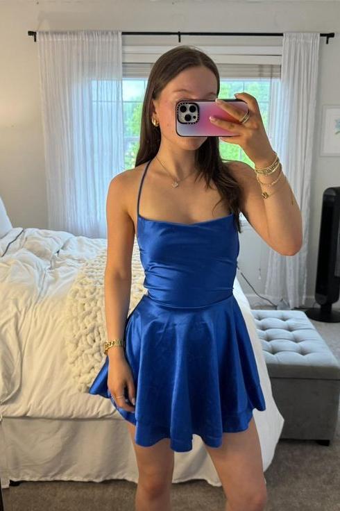 Straps Lavender Satin A-line Short Dress