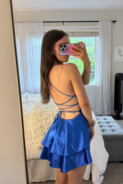 Straps Lavender Satin A-line Short Dress