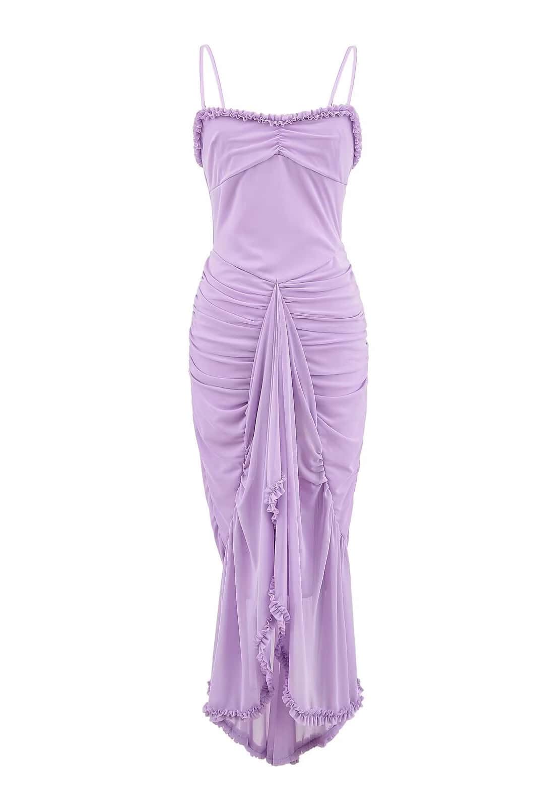 Straps Yellow Ruffled Front Irregular Long Dress