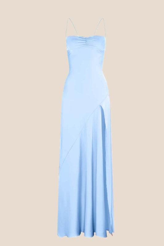 Straps Light Blue Soft Satin Long Dress