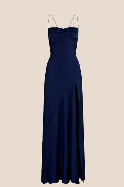 Straps Light Blue Soft Satin Long Dress