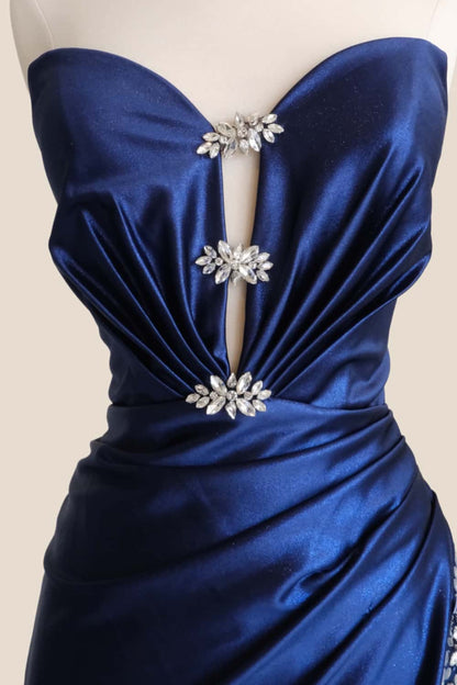 Plunge Navy Blue Ruched Slit Long Formal Dress