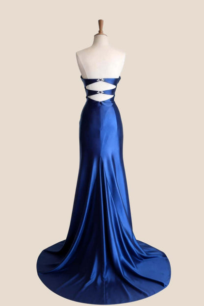 Plunge Navy Blue Ruched Slit Long Formal Dress
