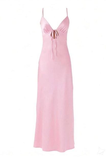 Plunge Neck Purple Back Tie Long Dress