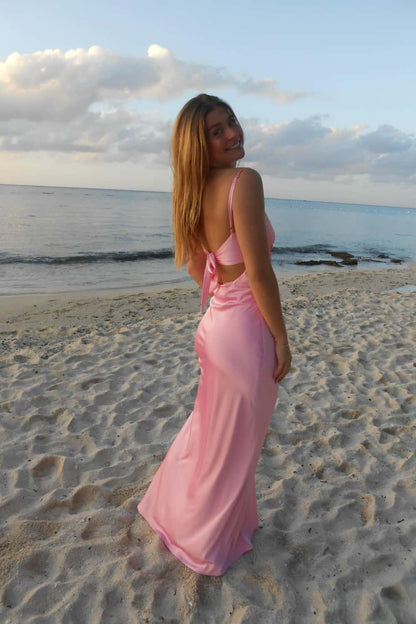 Plunge Neck Pink Back Tie Long Dress