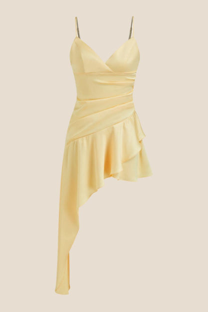 Straps Yellow V Neck Asymmetrical Ruffle Short Dress