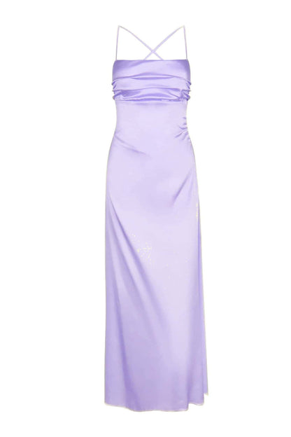 Straps Lavender Ruched A-line Satin Long Dress