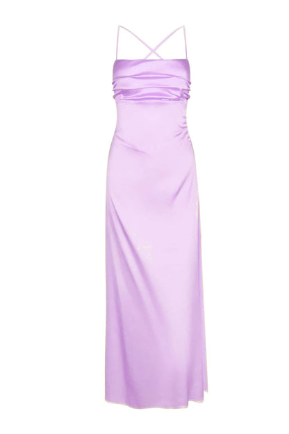 Straps Lavender Ruched A-line Satin Long Dress