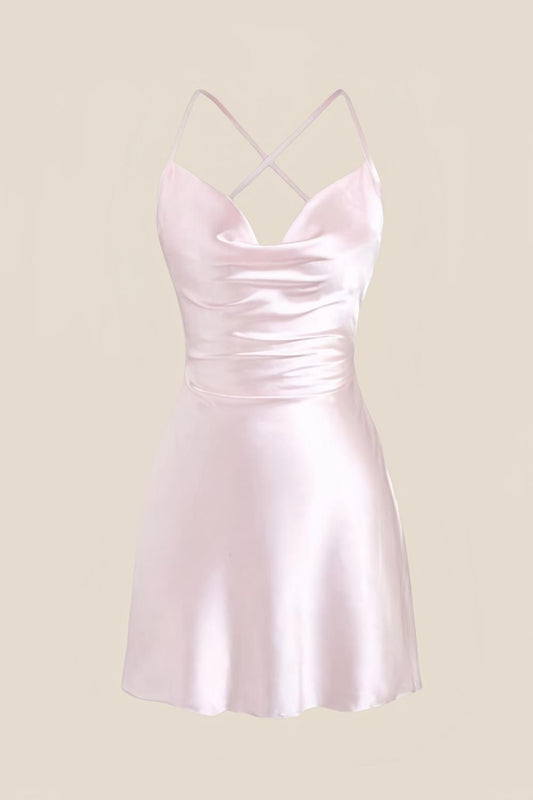 Straps Pink Satin Cowl Neck Mini Dress