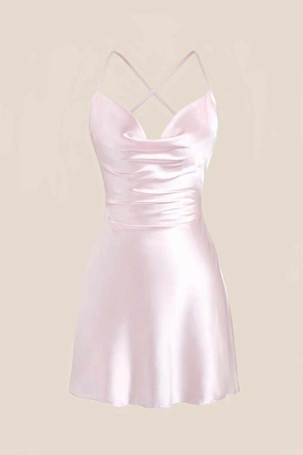 Straps Light Blue Satin Cowl Neck Mini Dress