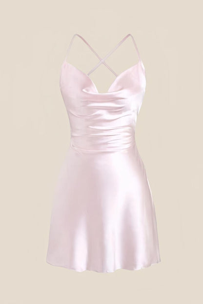 Straps Light Blue Satin Cowl Neck Mini Dress