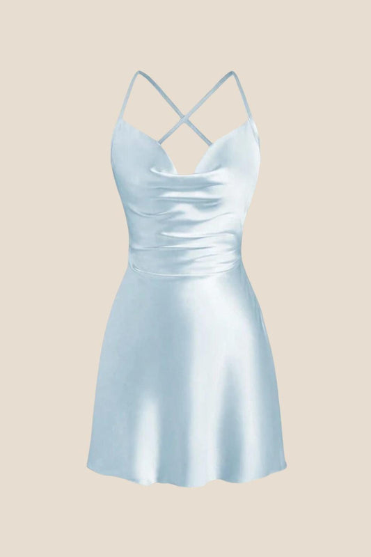 Straps Light Blue Satin Cowl Neck Mini Dress