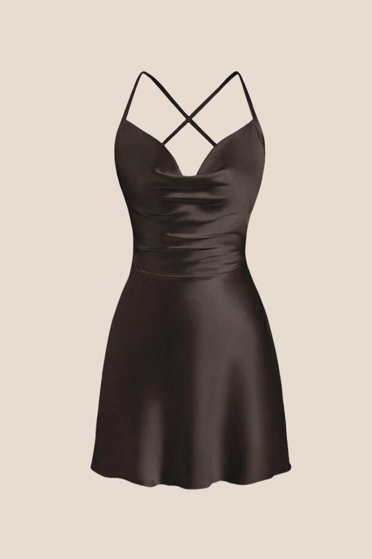 Straps Black Satin Cowl Neck Mini Dress