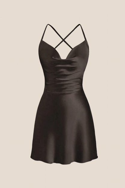 Straps Burgundy Satin Cowl Neck Mini Dress