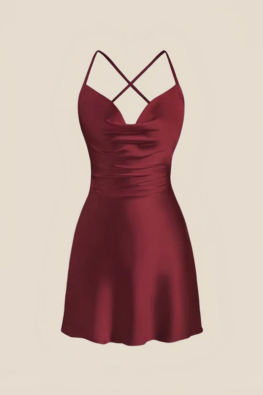 Straps Burgundy Satin Cowl Neck Mini Dress