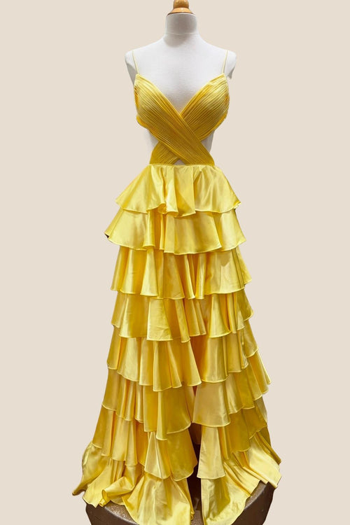 Straps Yellow Cutouts Ruffle Long Formal Dress