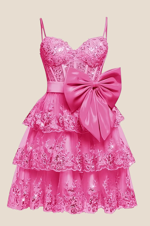 Straps Hot Pink Appliques Tiered Short Dress with Bow