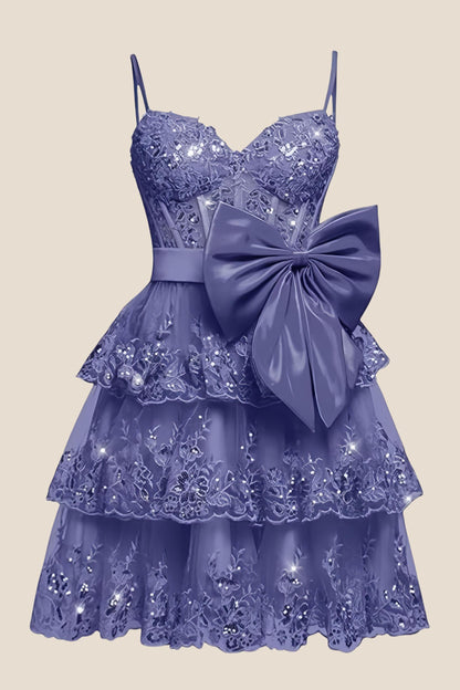 Straps Hot Pink Appliques Tiered Short Dress with Bow