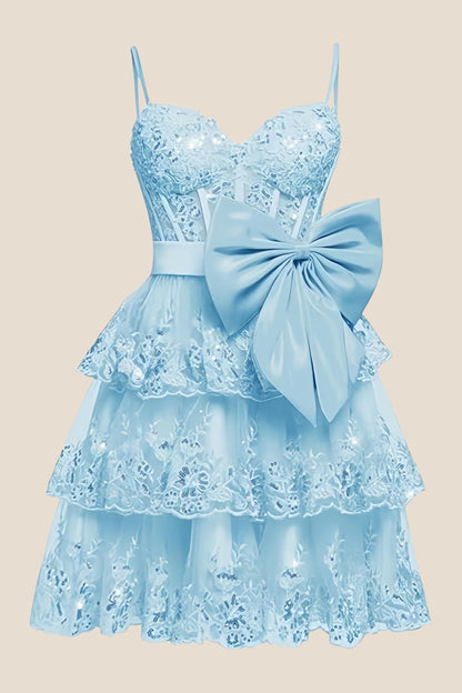 Straps Hot Pink Appliques Tiered Short Dress with Bow