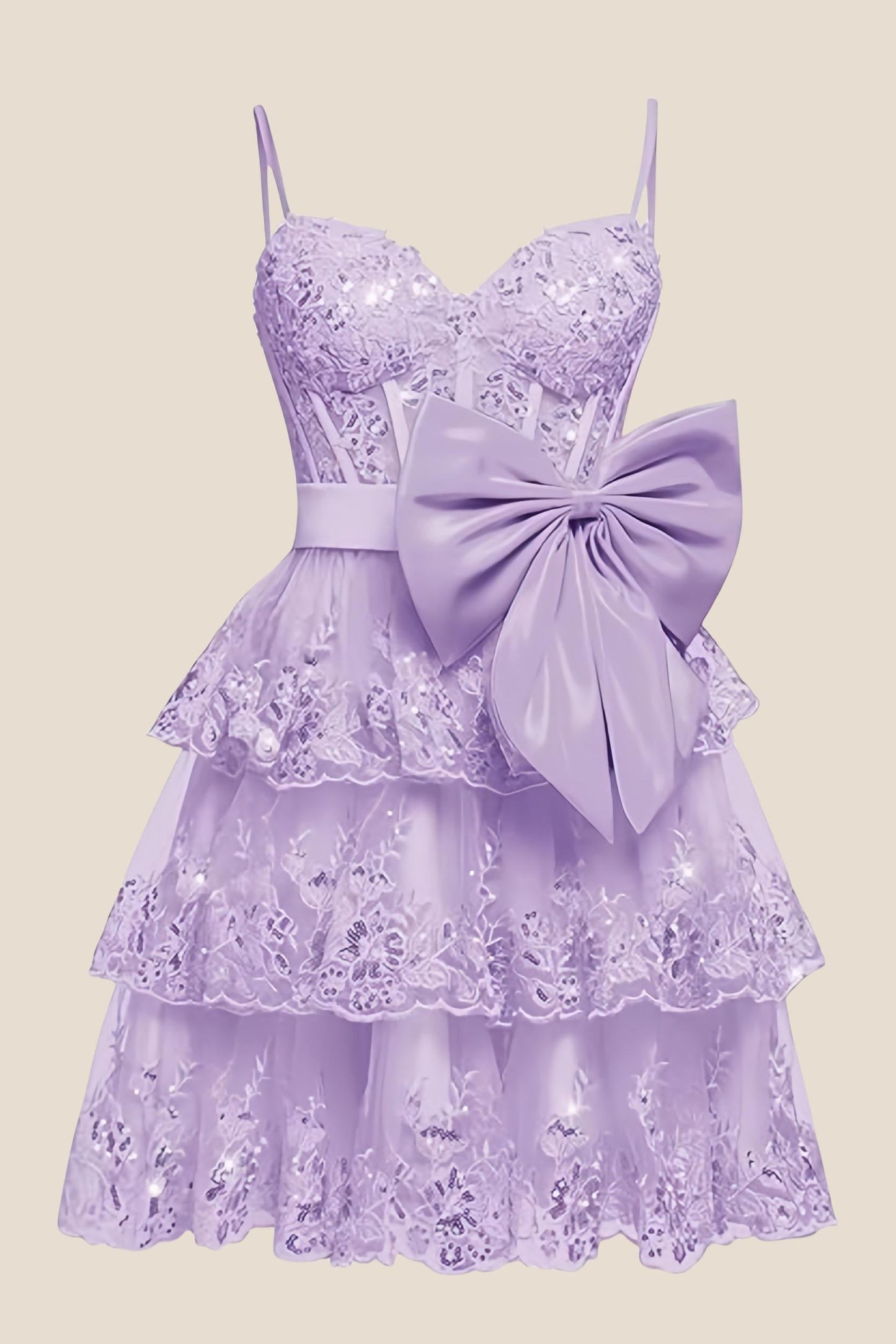 Straps Hot Pink Appliques Tiered Short Dress with Bow