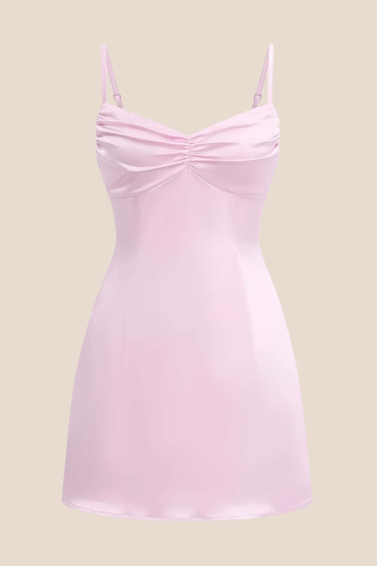 Straps Pink Ruched Satin Short Dress