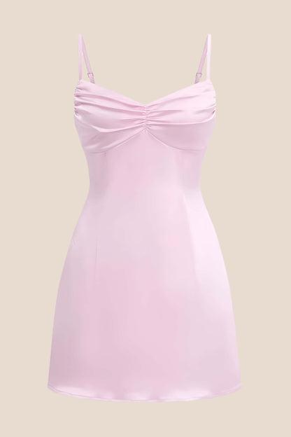 Straps Yellow Ruched Satin Short Dress